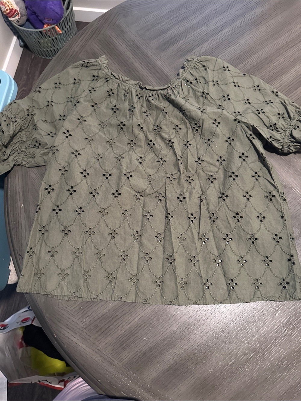 LOFT Olive Eyelet Puff Sleeve Blouse